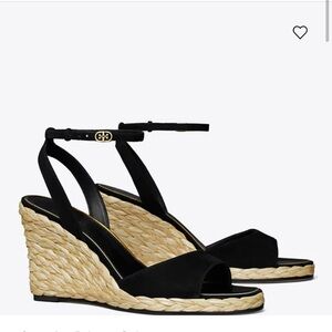 Tory Burch Black and Natural Wedge Espadrilles